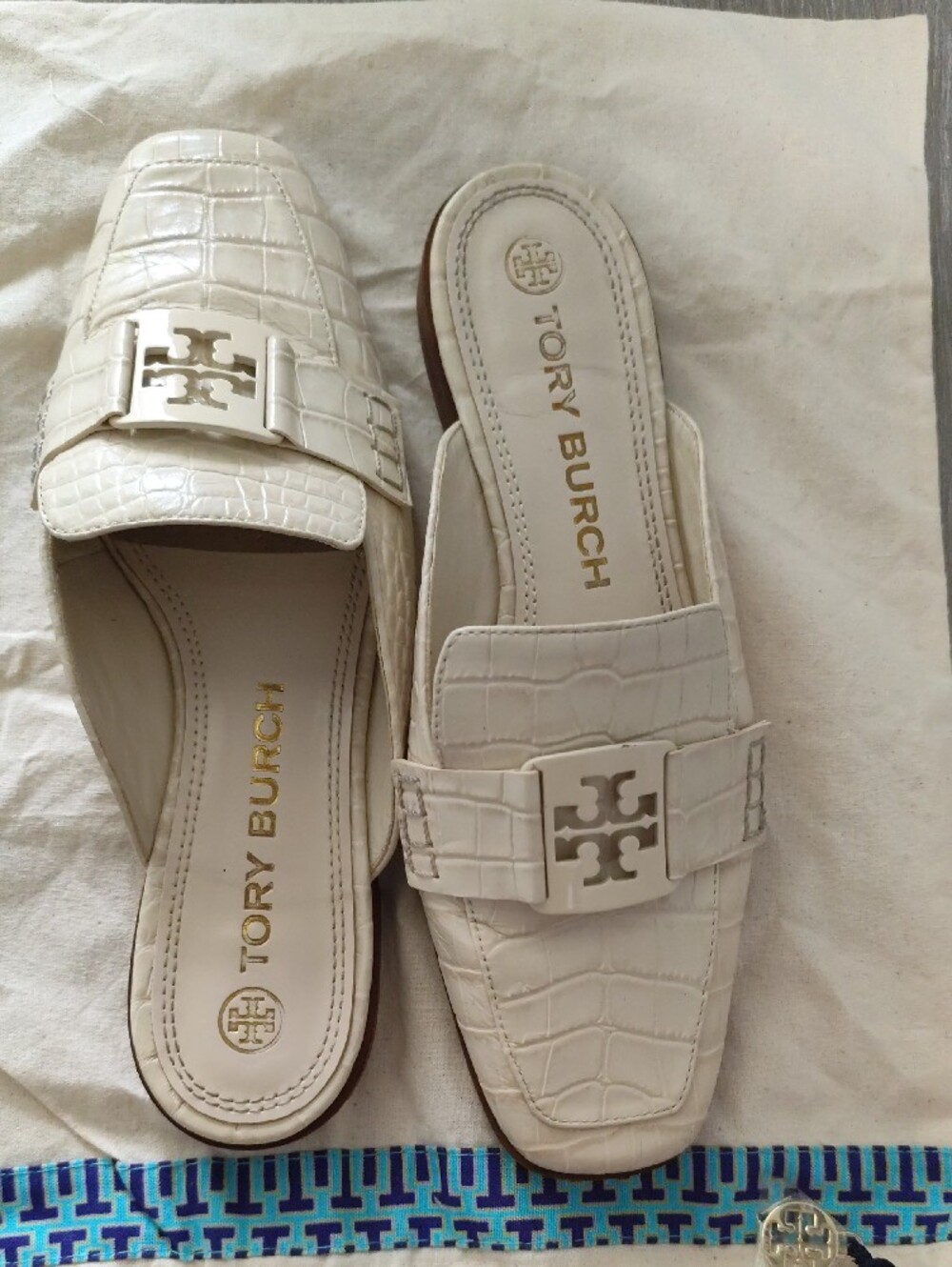 Tory Burch Cream Croc-Embossed Leather Slide Mules - Picture 6 of 6